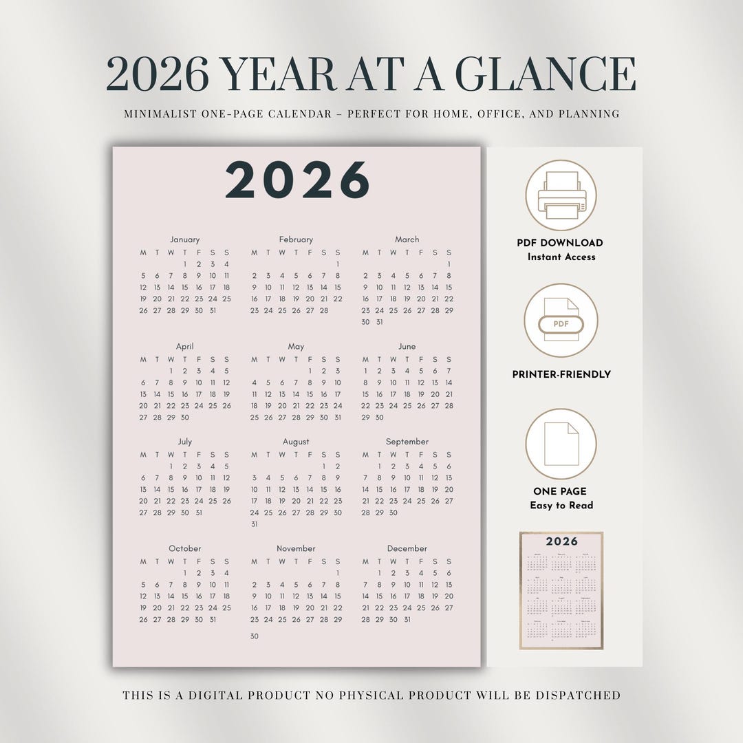 2026 Year at a Glance Calendar Pink & Black Printable One‑page PDF - Etsy