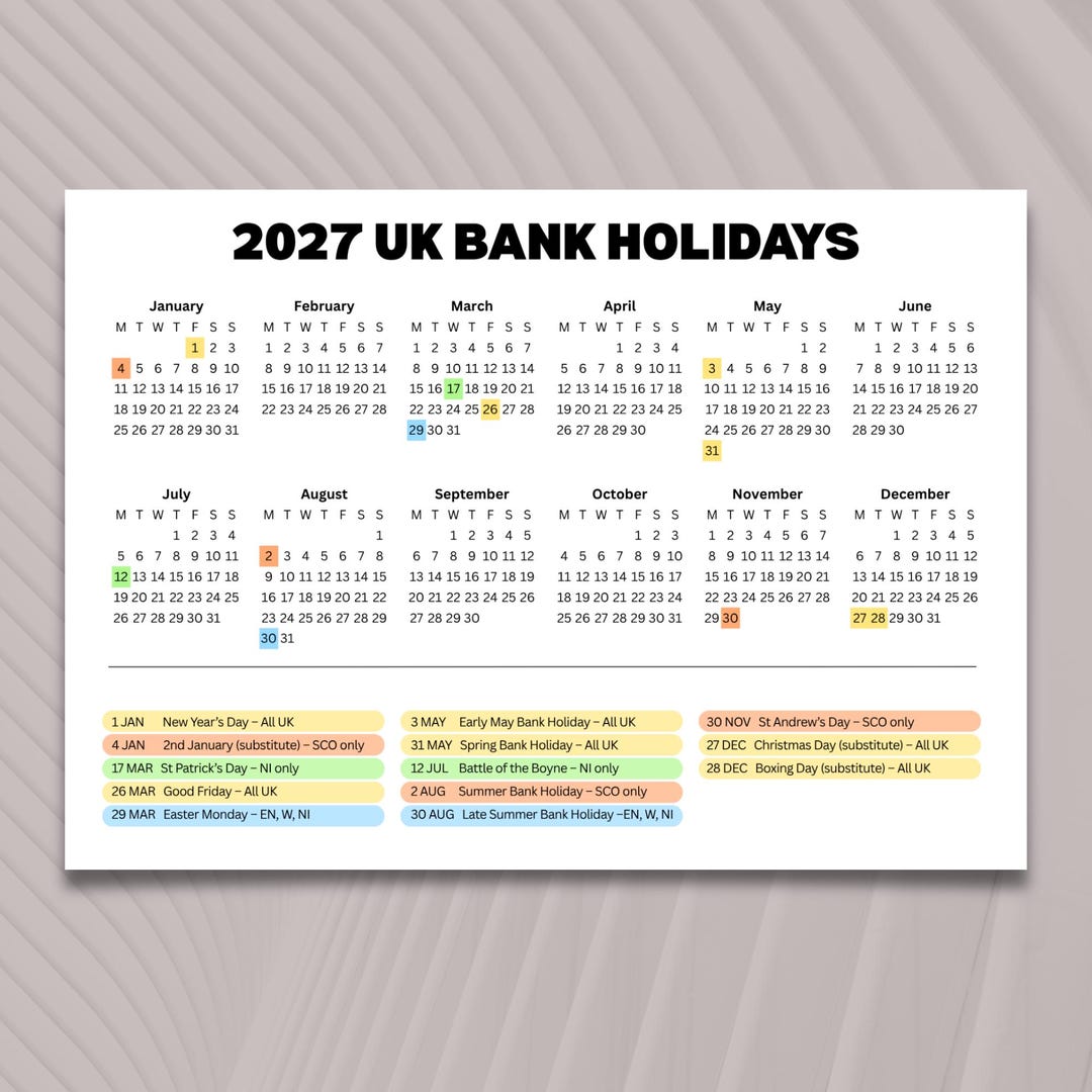2027 Calendar UK Holidays One Page Printable PDF A5, A4 and A3 Sizes