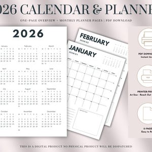 Kalendarz do druku na rok 2026, czarno-biały, minimalistyczny planer, format A4, PDF, rok w skrócie, pobieranie cyfrowe