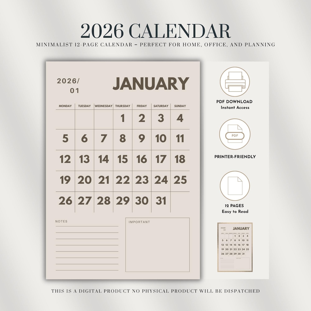 2026 Calendar Printable, Digital, PDF, A4, Monday and Sunday Start ...