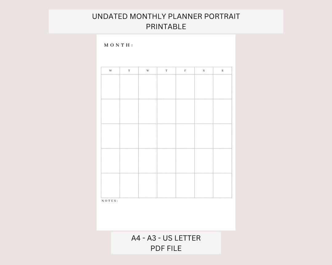 Undated Monthly Printable Planner, PDF, A3, A4, US Letter, Plain Design