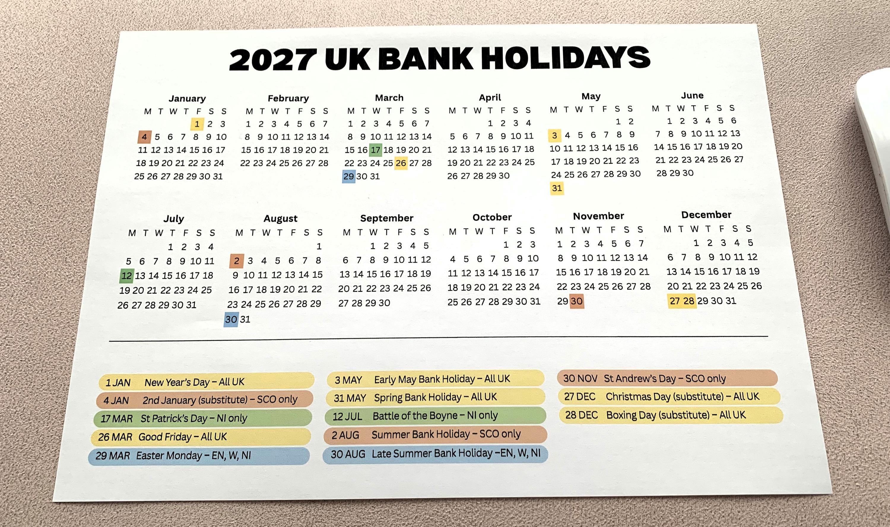 2027 Calendar One Page UK Bank Holidays Yearly Overview (printable PDF