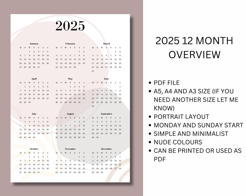 1 Page Yearly Overview, Printable, 2025, 12 Months, Simple and