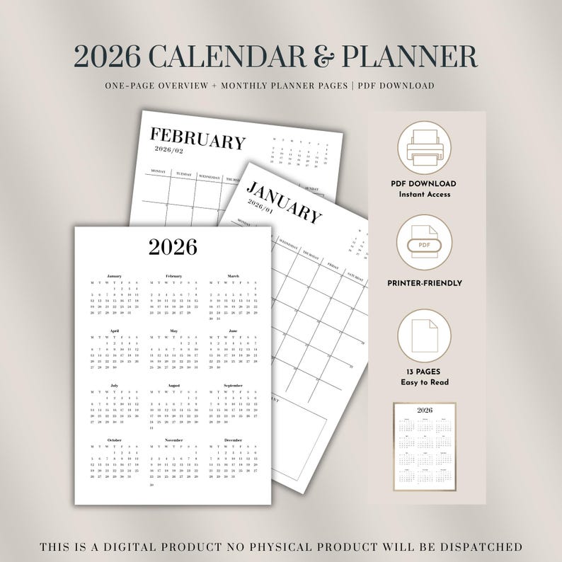 2026 Printable Calendar Simple Black & White Minimalist Planner A4 PDF ...