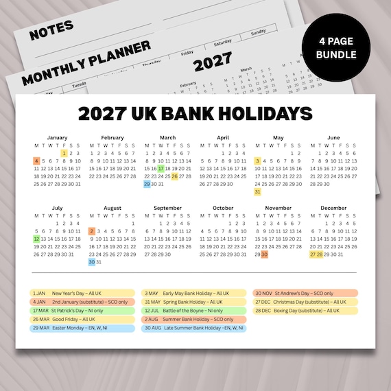 2027 Calendar UK Bank Holidays Overview Printable Planner Set - Etsy