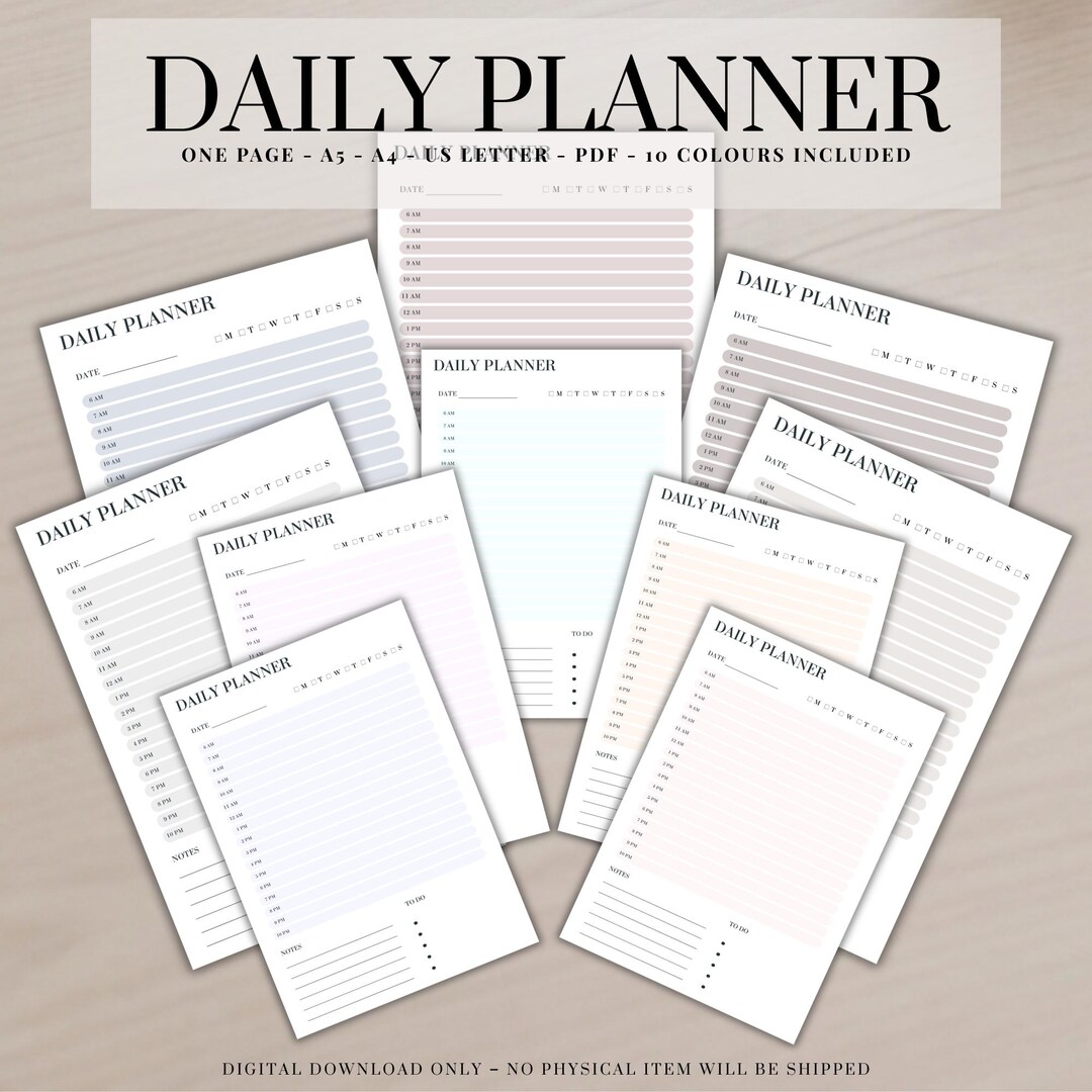 Daily Hourly Planner – Printable PDF – A4, A5 & US Letter – 10 Colour ...