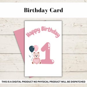 Tarjeta de cumpleaños imprimible para niña de 1 año, tarjeta de osito de peluche para niña, tarjeta para imprimir en casa, tarjeta de feliz cumpleaños, tarjeta digital de celebración