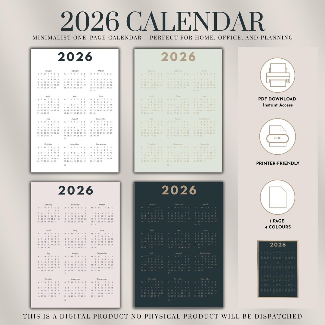 2026 Year at a Glance Calendar Bundle One‑page Printable 4 Colour Set ...