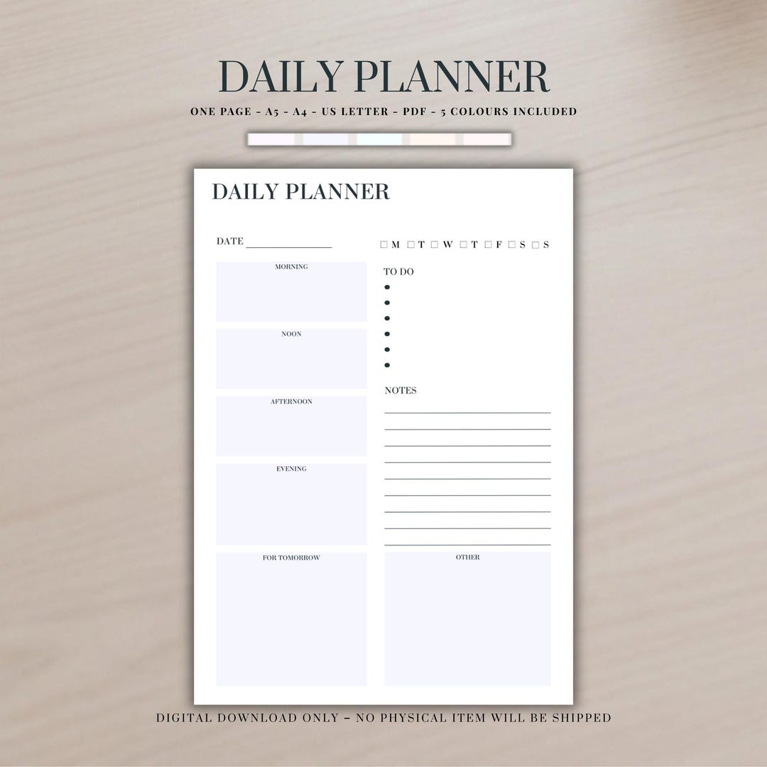 Pastel Daily Planner Printable PDF – A4, A5 & US Letter – 5 Colour ...