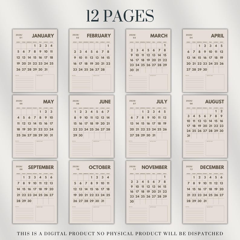 2026 Calendar Printable, Digital, PDF, A4, Monday and Sunday Start ...