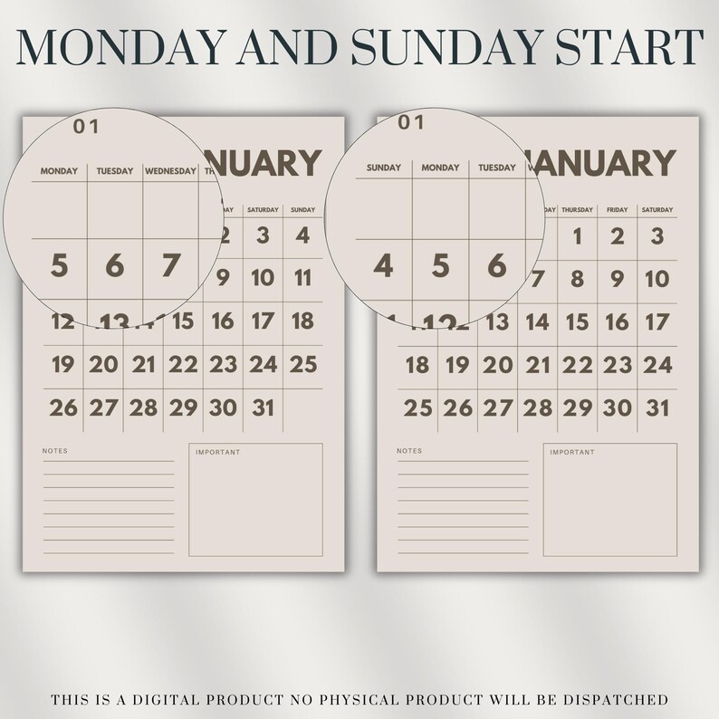 2026 Calendar Printable, Digital, PDF, A4, Monday and Sunday Start ...