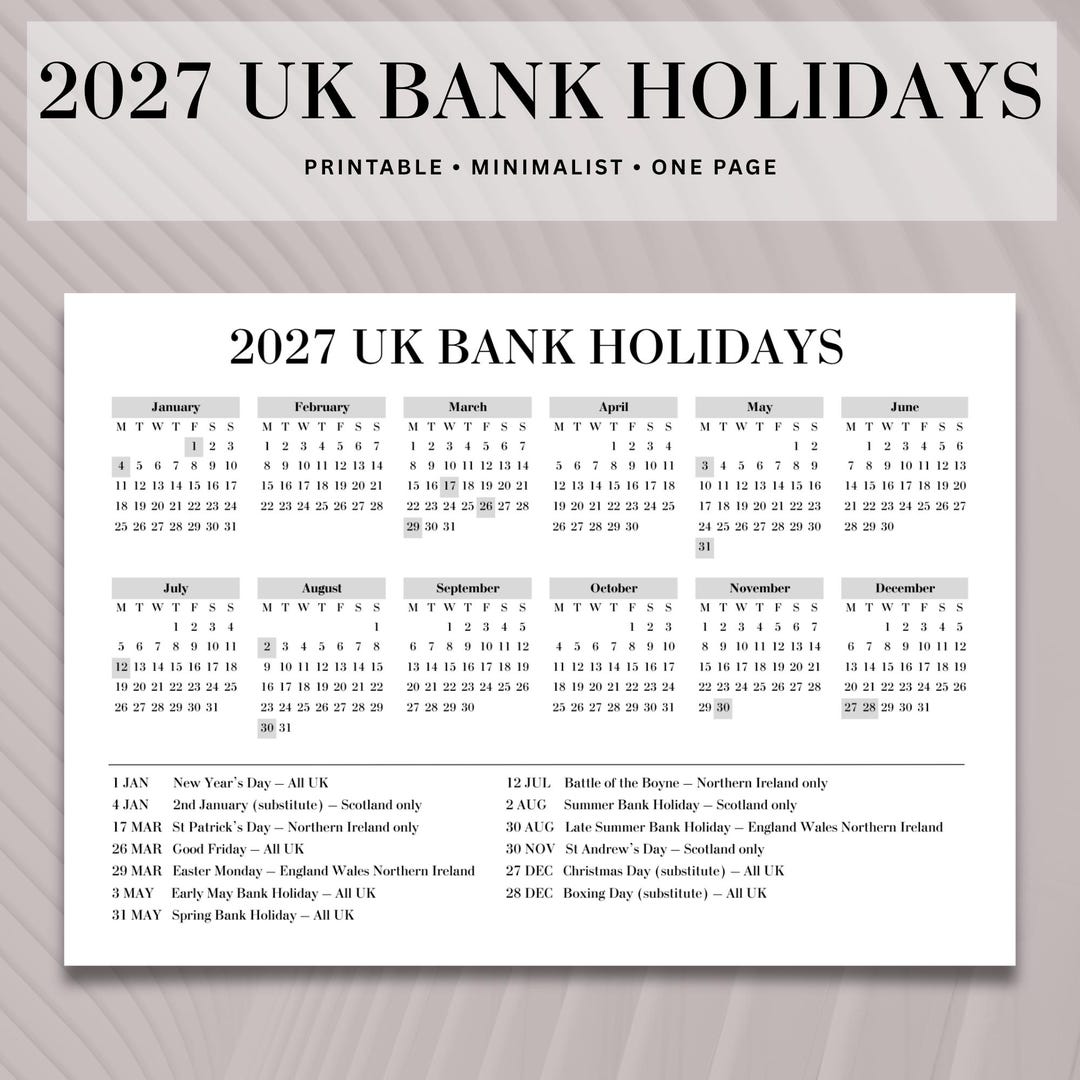 2027 Calendar UK Holidays One Page Printable PDF A5, A4 and A3 Sizes - Etsy