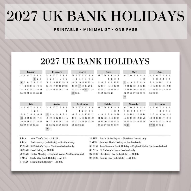 2027 Calendar UK Holidays One Page Printable PDF A5, A4 and A3 Sizes - Etsy