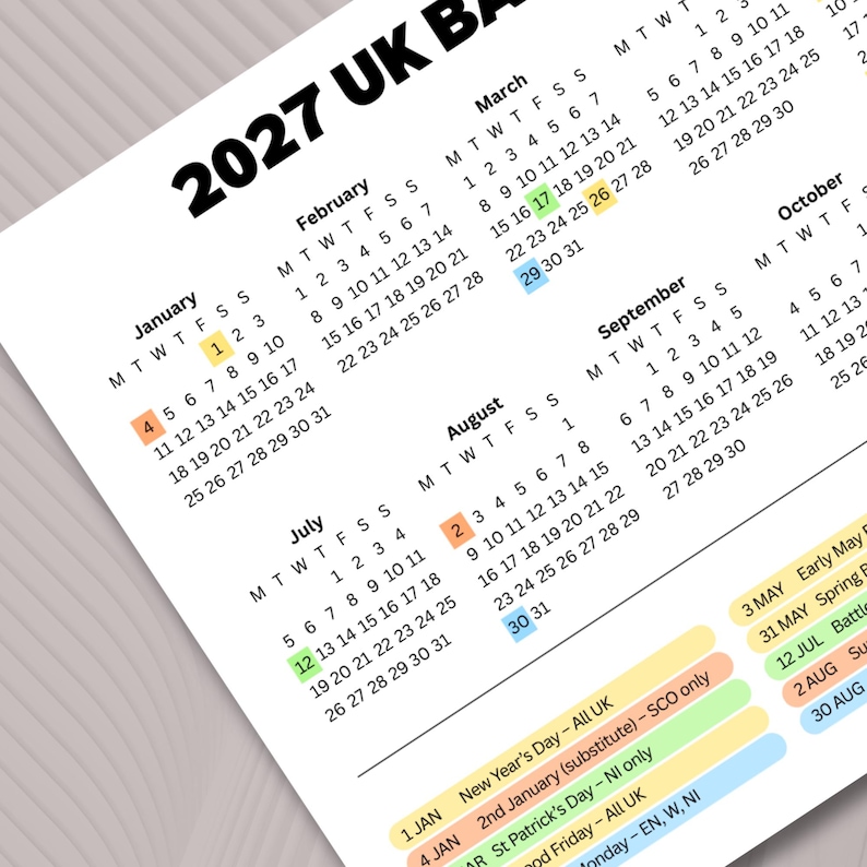 2027 Calendar UK Bank Holidays Overview Printable Planner Set - Etsy Canada