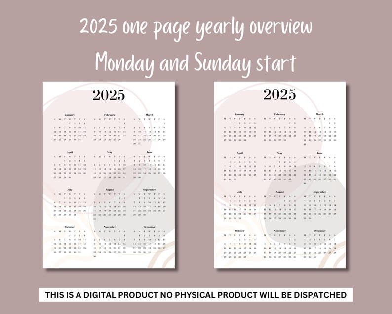 1 Page Yearly Overview, Printable, 2025, 12 Months, Simple and
