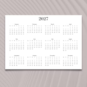 2027 Calendar Printable One Page Year at a Glance Landscape