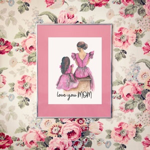 Presente de Dia das Mães para impressão para mamãe, LOVE U MOM, arte de parede para mãe com sua filha, arte de parede mãe filha, impressão rosa mãe filha