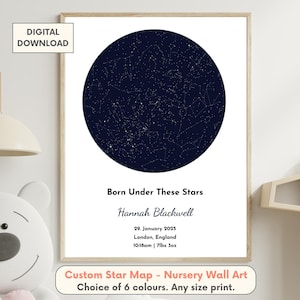 Impression personnalisée de carte des étoiles de bébé | Art mural nuit de votre naissance | Nouveau-né surdoué | Best-seller Cadeau pour bébé | étoiles dans le ciel nocturne | Etoiles au-dessus de la carte
