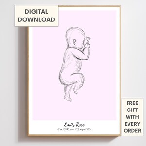 Póster de nacimiento personalizado para recién nacidos / Póster de nacimiento imprimible / Regalo para bebé / Habitación infantil rosa con mucho arte / Regalo para bebé más vendido / Bebé a escala 1:1