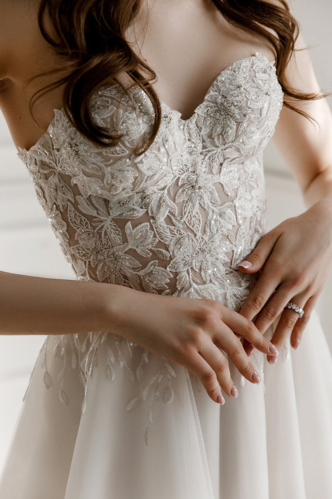 Unique Corset Wedding Dress Amadea With Long Train, Elegant Cream ...