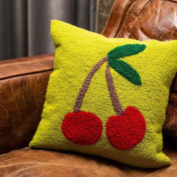 Handmade Punch Needle Pillowcase, Hand Tufted Cherry Pillow Cover, Linen Cotton Sofa Pillow, Funny Pillows, Housewarming Gift, Square Pillow