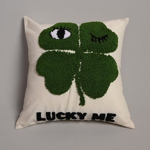 Lucky Me Clover Punch Needle Pillow, Throw Pillow, Decorative Sofa Pillow, Cushion Cover, Funny Pillowcase, House Warming Gift,Unique Pillow