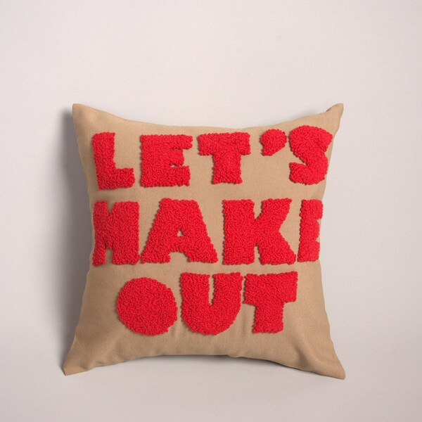 Let's Make Out Punch Needle Pillow, Punch Decor Pillow, Decorative Quote Cushion Case, Embroidery Cushion Cover, Tufted Boho Throw Pillow