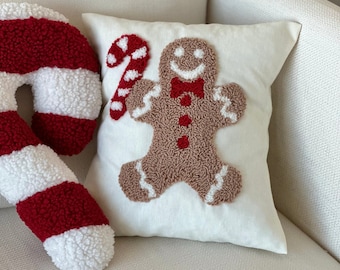 Gingerbread Candy Cane Punch Needle Pillow, Christmas Punch Needle Embroidery Pillow,Handmade Snowman Design Pillow , Holiday Theme Pillow
