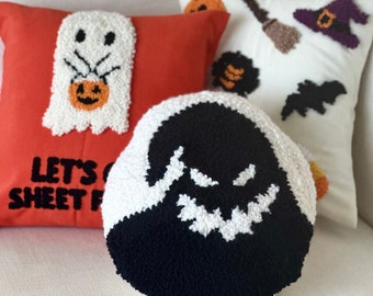 Spooky Ghost Punch Needle Pillow,Halloween Punch Needle Embroidery Pillow,Handmade Pumpkin Design Pillow Cover, Halloween Theme Pillow Cover