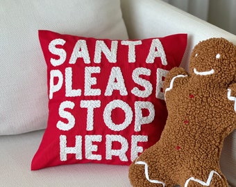 Santa Stop Here Red Punch Needle Pillow, Christmas Punch Needle Embroidery Pillow,Handmade Snowman Design Pillow Cover, Holiday Theme Pillow