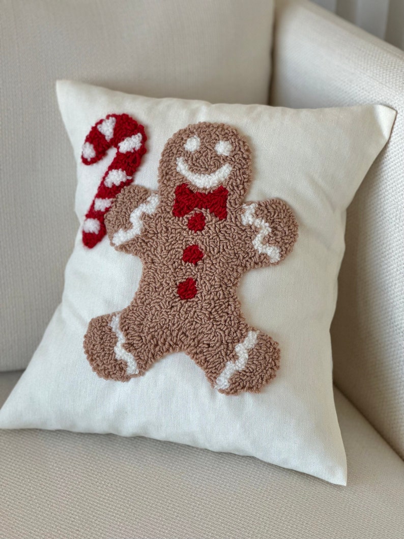 Gingerbread Candy Cane Punch Needle Pillow Christmas Punch Etsy