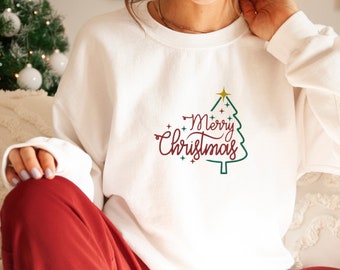 Merry Christmas Sweatshirt, Embroidered Christmas Tree Sweater, Holiday Sweater, Womens Holiday Sweatshirt, Christmas Shirt, Winter Shirt