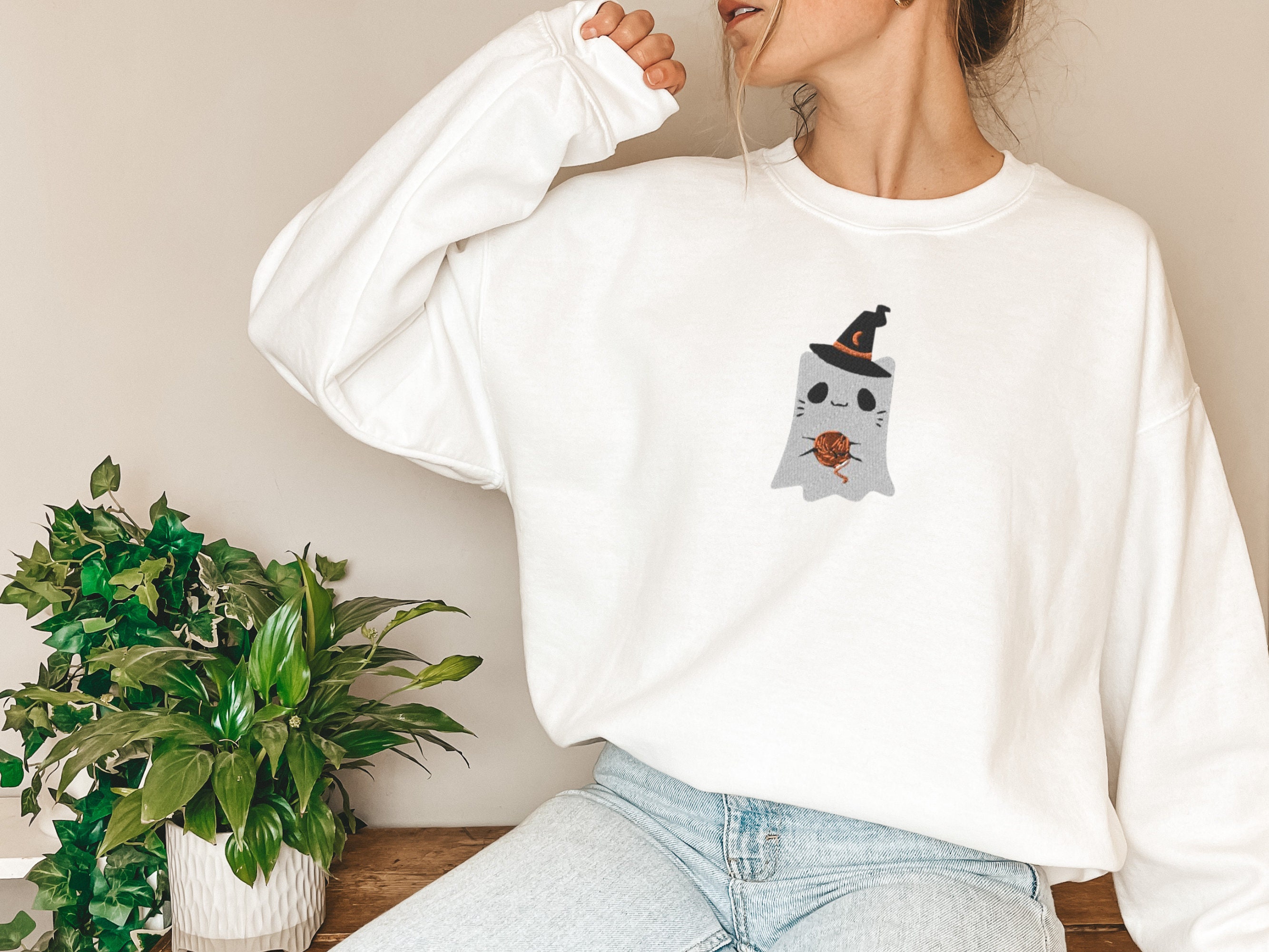 Discover Cat Halloween Embroidered Sweatshirt, Ghost Cat Shirt, Cat Lover Shirt, Spooky Season Shirt