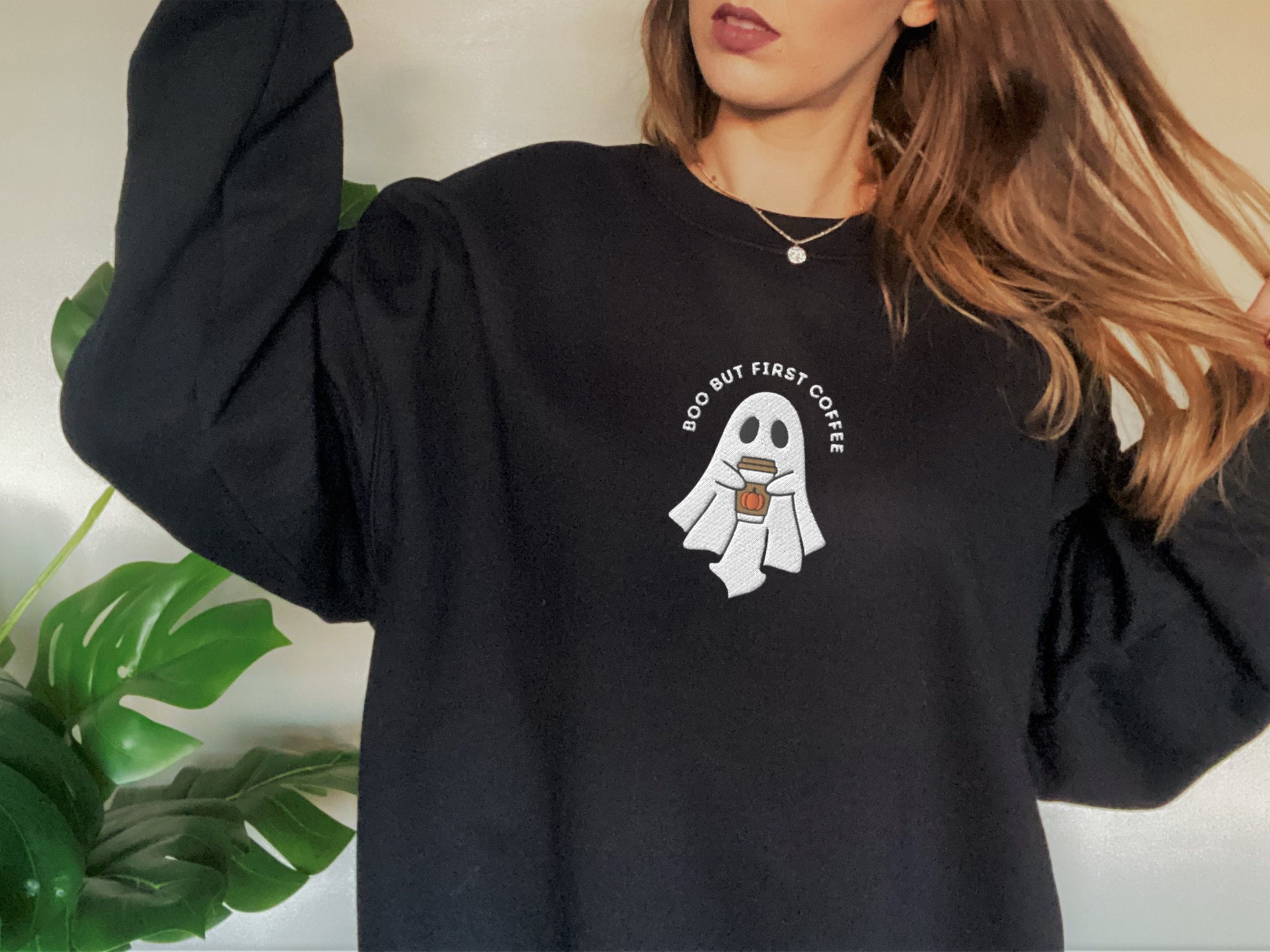 Discover Embroidered Boo But Coffee First Halloween Sweatshirt, Ghost Coffee Lover Halloween Sweatshirt