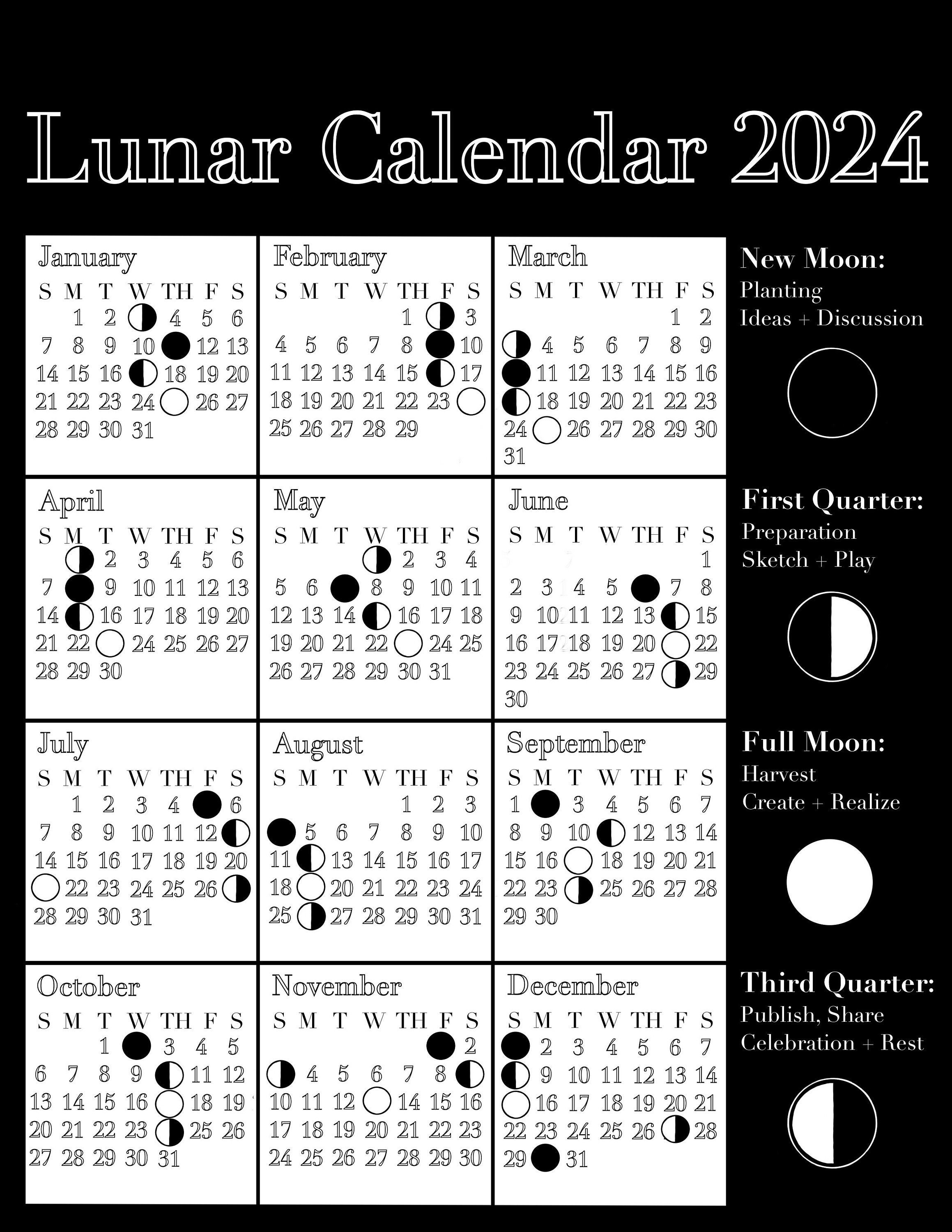 2024 Lunar Calendar Digital Download Moon Planner Calendar Organizer Etsy