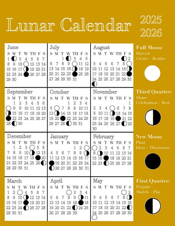 2025-2026 Lunar Calendar - Digital Download- Moon Planner