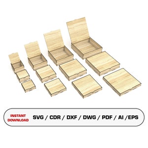 Cajas con tapa abatible en 12 tamaños Archivos de corte por láser, Caja cuadrada, Caja de regalo con tapa, Archivos vectoriales para madera Archivos de corte Glowforge, SVG DXF DWG