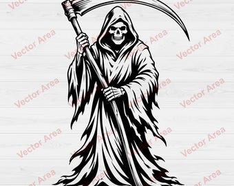 SVG de la Parca, imágenes prediseñadas de guadaña de la muerte, archivo para grabado láser, PNG DXF de esqueleto de Halloween, archivo de corte láser de terror, diseño vectorial gótico