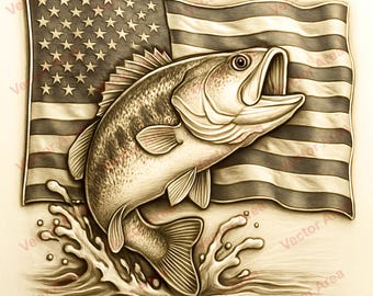 Puede incluir: Ilustración en tonos sepia de un róbalo saltando del agua, sobre una bandera estadounidense ondeante. El pez está detallado con la boca abierta y aletas, creando una escena dinámica. Las estrellas y rayas de la bandera están claramente definidas.