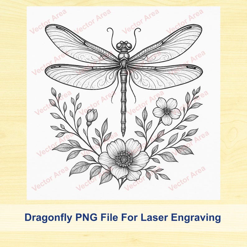 May include: Black and white dragonfly design with floral accents. The image features a detailed illustration of a dragonfly above a floral arrangement. The text at the bottom reads "Dragonfly PNG File For Laser Engraving."