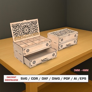 Kommode (Laserschnittdatei), Schreibtisch-Organizer, Schmuckkästchen, Geschenkbox aus Holz mit Deckel, Vektordateien für Laser, SVG, DXF, DWG