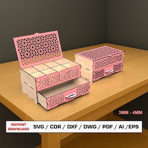 Kommode Laser Cut Datei, Desktop Organizer, Schmuckschatulle, Holzkiste Geschenkbox mit Deckel, Vektordateien für den Laser, SVG DXF DWG