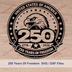 May include: A black and white graphic design with an eagle's head, the number 250, and the text "250 Years of Freedom." The design is set within a circular frame with stars and the words "United States of America."