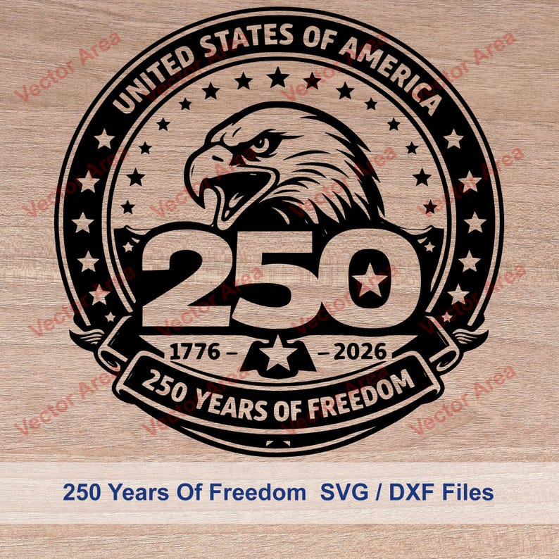 May include: A black and white graphic design with an eagle's head, the number 250, and the text "250 Years of Freedom." The design is set within a circular frame with stars and the words "United States of America."