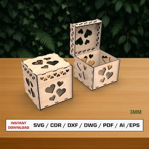 Archivo SVG de corte láser para caja decorativa, caja de regalo de San Valentín con tapa, cajas cúbicas, archivos vectoriales para madera, archivos de corte Glowforge, DXF y DWG.
