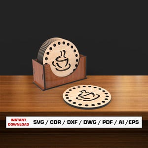 Onderzetter lasergesneden bestand SVG, onderzetters met doos, houten kist, vectorbestanden voor hout Glowforge gesneden bestanden, Xtool-bestand, DXF DWG