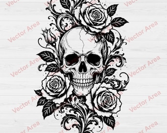 Calavera y rosas SVG, imágenes prediseñadas de calavera floral gótica, calavera estilo tatuaje DXF PNG, archivo para grabado láser, diseño para corte láser, archivo vectorial para impresión