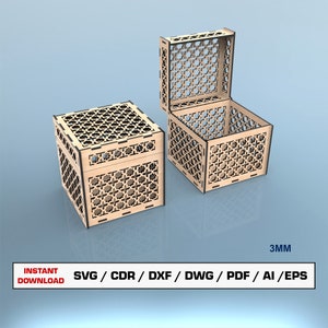 装飾ボックス レーザーカット ファイル SVG、バレンタイン ギフト ボックス 蓋付き、キューブ ボックス、木製 Glowforge カット ファイル用ベクター ファイル、DXF DWG
