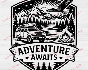 Adventure Awaits SVG, Insignia de Camping SVG, Diseño de Aventura al Aire Libre, Fogata Mountain Eagle, Archivo de Camping SUV 4x4, Grabado Láser Dxf