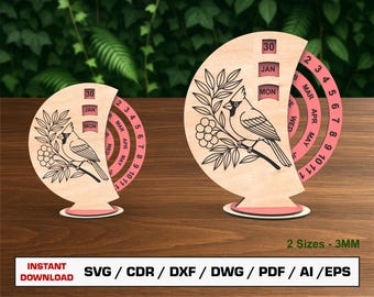 Archivo SVG de corte láser de calendario perpetuo, pájaro cardenal, calendario de escritorio, calendarios de madera, archivos vectoriales para madera, archivos de corte Glowforge, DXF DWG